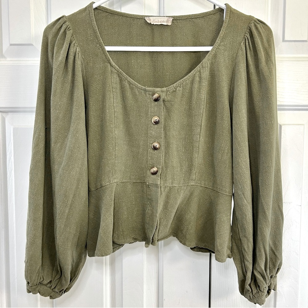 Altar’d State Olive Green Scoop Neck Button Linen Blend Balloon Sleeve Top Sz S
